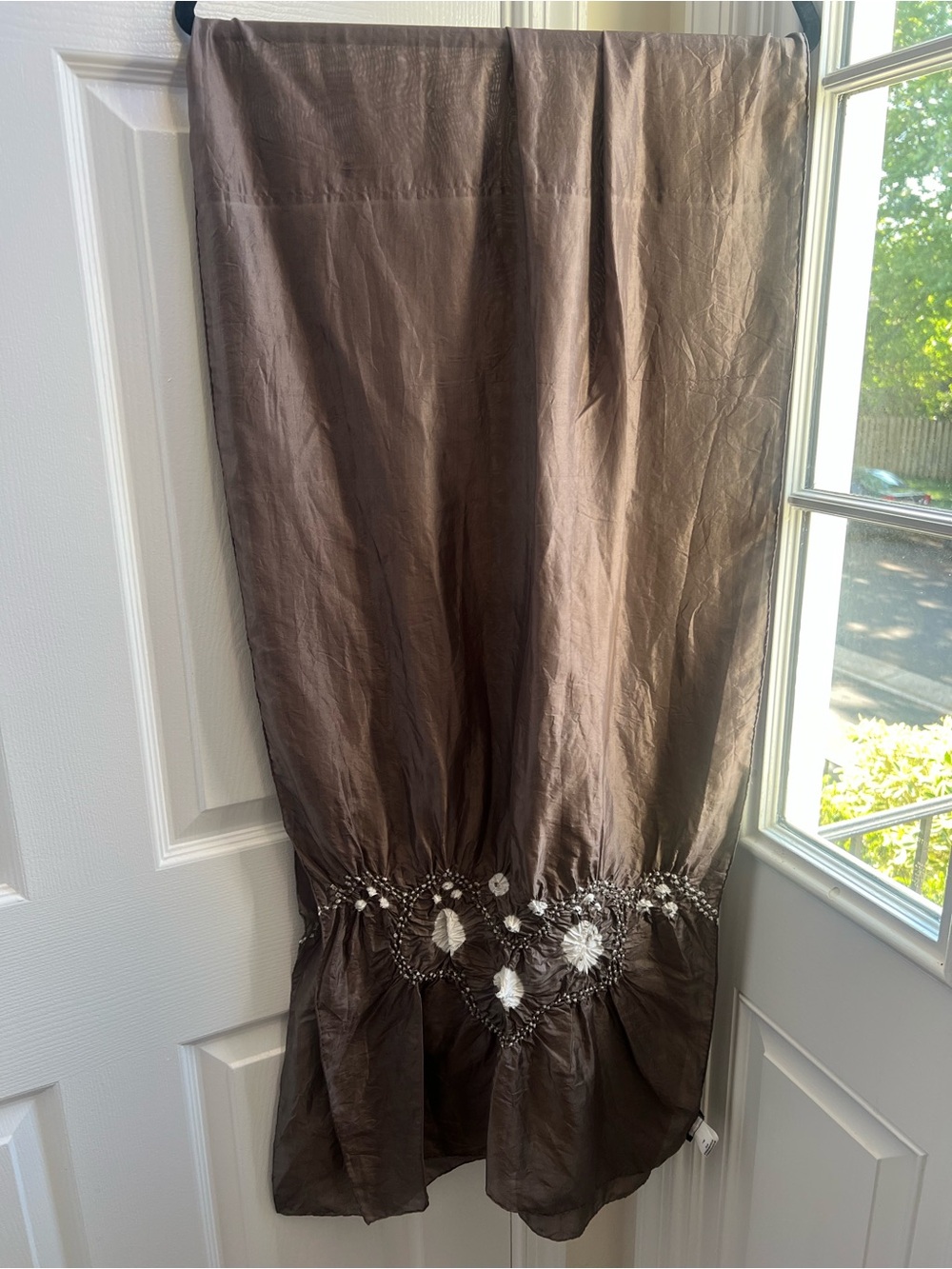 Eileen Fisher 100% Silk Crinkle Scarf Shawl Wrap Taupe Brown Floral Textured